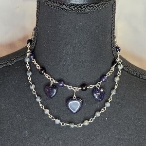Adjustable Choker With Labradorite, Obsidian, And Blue Sandstone Heart Pendants